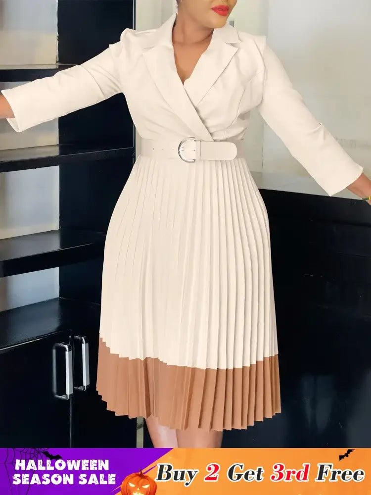 AOMEIDRESS Elegant Pleated Dress Notched Collar Wrist Sleeve Color Block