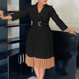AOMEIDRESS Elegant Pleated Dress Notched Collar Wrist Sleeve Color Block