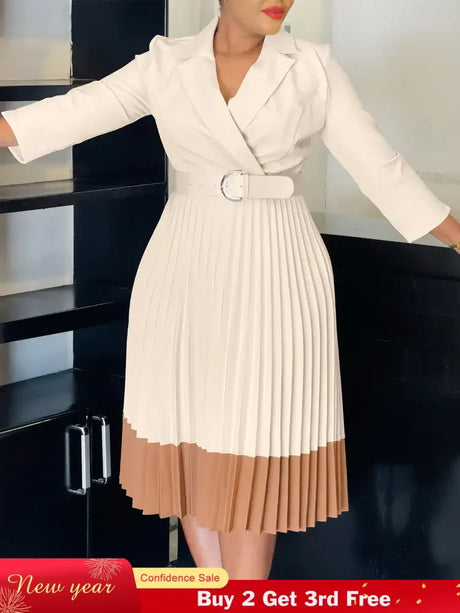 AOMEIDRESS Elegant Pleated Dress Notched Collar Wrist Sleeve Color Block