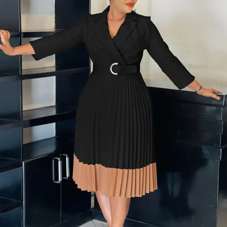 AOMEIDRESS Elegant Pleated Dress Notched Collar Wrist Sleeve Color Block