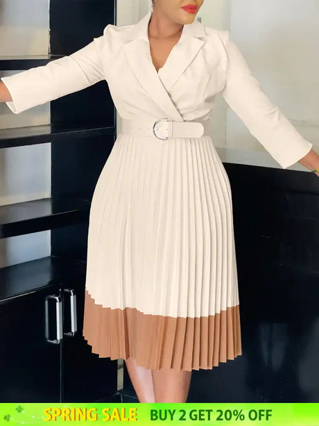 AOMEIDRESS Elegant Pleated Dress Notched Collar Wrist Sleeve Color Block