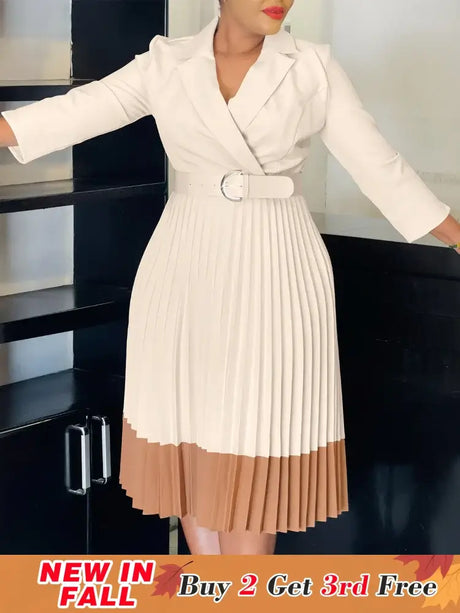 AOMEIDRESS Elegant Pleated Dress Notched Collar Wrist Sleeve Color Block