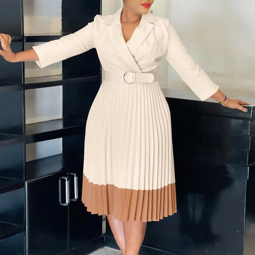 AOMEIDRESS Elegant Pleated Dress Notched Collar Wrist Sleeve Color Block APRICOT / S