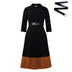 AOMEIDRESS Elegant Pleated Dress Notched Collar Wrist Sleeve Color Block Black / S