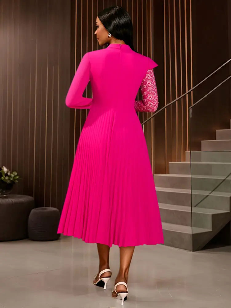 AOMEIDRESS Elegant Pleated Long Sleeve Lace Dress For Party Office