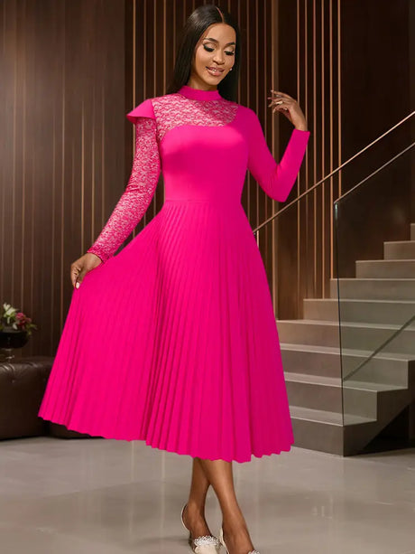AOMEIDRESS Elegant Pleated Long Sleeve Lace Dress For Party Office