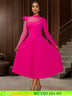 AOMEIDRESS Elegant Pleated Long Sleeve Lace Dress For Party Office Rose / S
