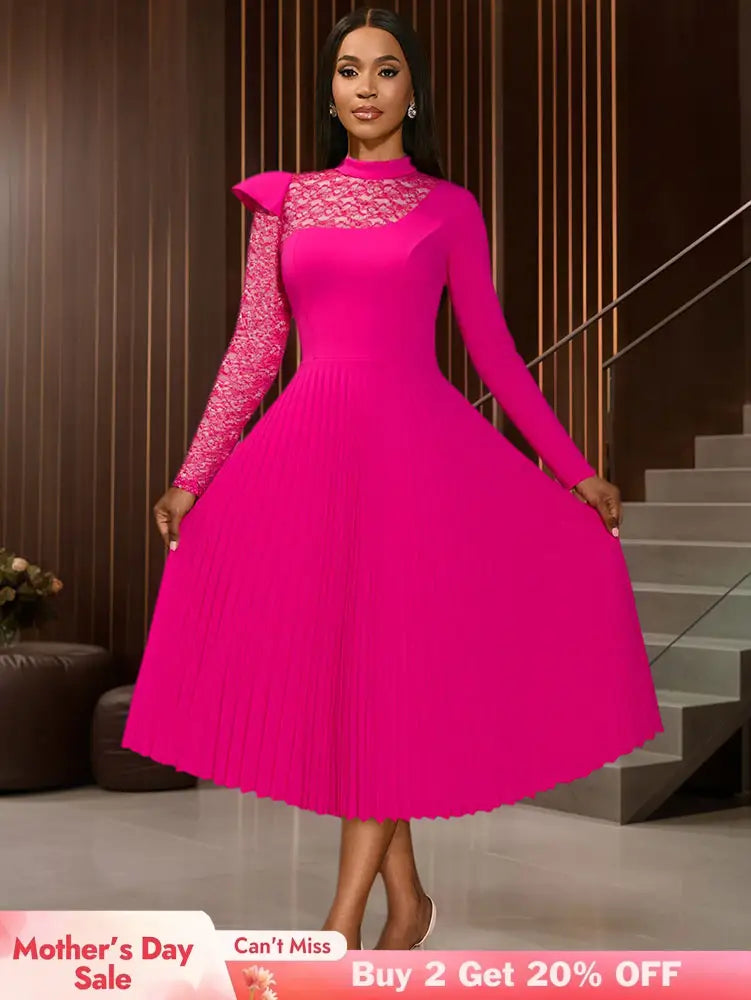 AOMEIDRESS Elegant Pleated Long Sleeve Lace Dress For Party Office Rose / S