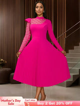 AOMEIDRESS Elegant Pleated Long Sleeve Lace Dress For Party Office Rose / S