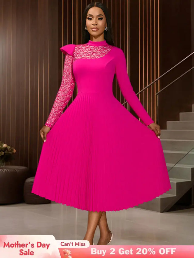 AOMEIDRESS Elegant Pleated Long Sleeve Lace Dress For Party Office Rose / S