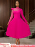 AOMEIDRESS Elegant Pleated Long Sleeve Lace Dress For Party Office Rose / S