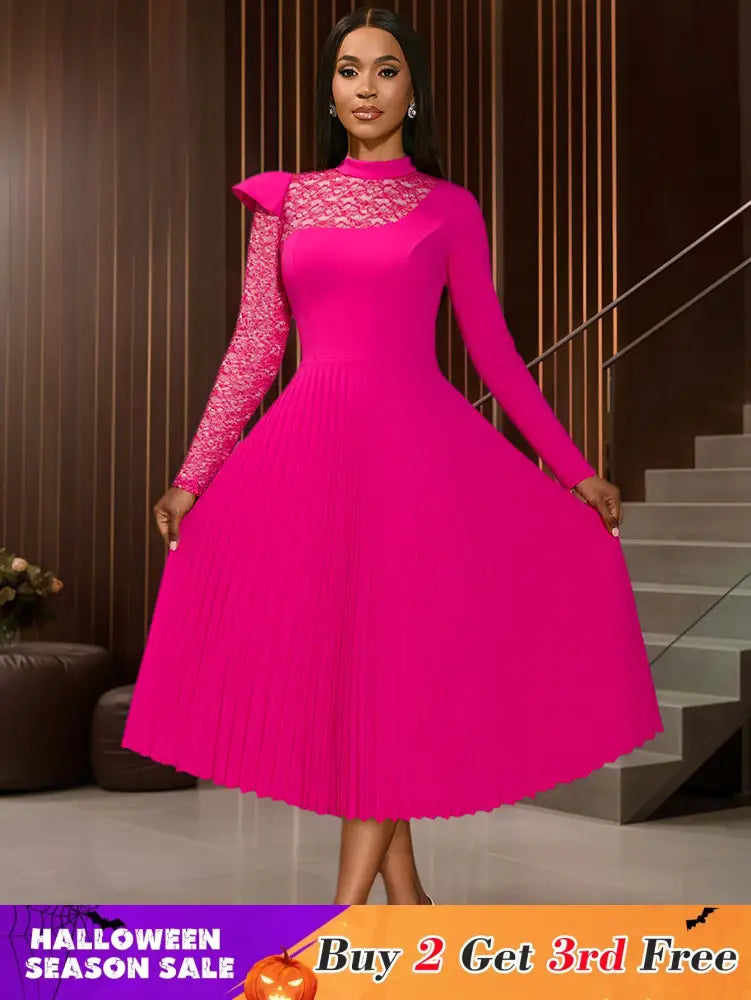 AOMEIDRESS Elegant Pleated Long Sleeve Lace Dress For Party Office Rose / S