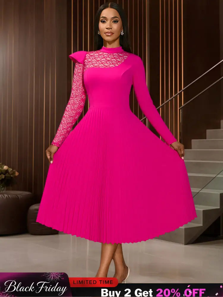 AOMEIDRESS Elegant Pleated Long Sleeve Lace Dress For Party Office Rose / S