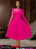 AOMEIDRESS Elegant Pleated Long Sleeve Lace Dress For Party Office Rose / S