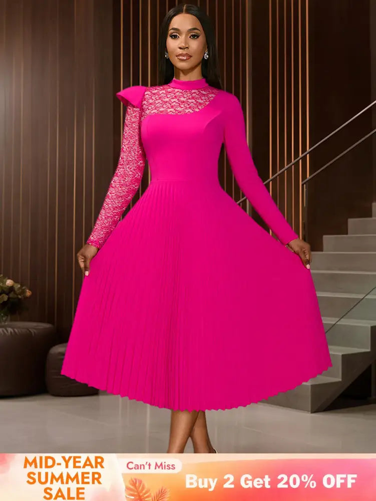 AOMEIDRESS Elegant Pleated Long Sleeve Lace Dress For Party Office Rose / S