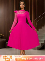 AOMEIDRESS Elegant Pleated Long Sleeve Lace Dress For Party Office Rose / S