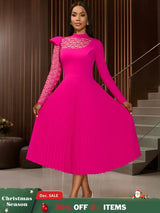 AOMEIDRESS Elegant Pleated Long Sleeve Lace Dress For Party Office Rose / S