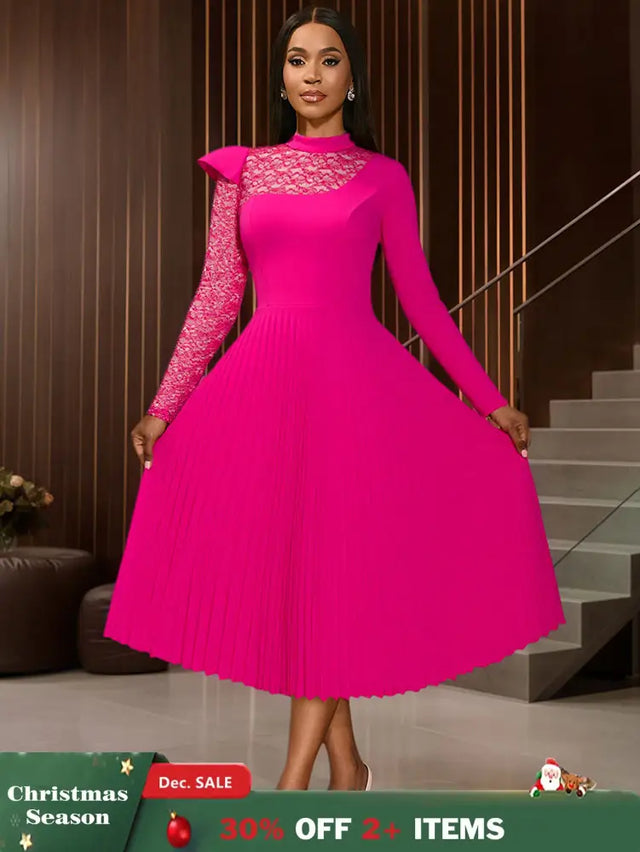 AOMEIDRESS Elegant Pleated Long Sleeve Lace Dress For Party Office Rose / S