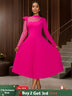 AOMEIDRESS Elegant Pleated Long Sleeve Lace Dress For Party Office Rose / S