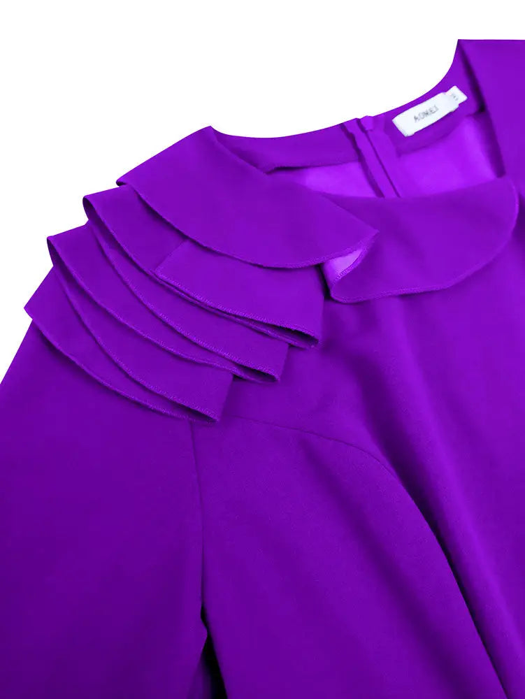 AOMEIDRESS Elegant Pleated Peplum Long Sleeve Dress For Office Church