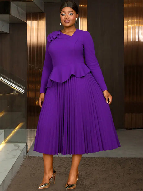 AOMEIDRESS Elegant Pleated Peplum Long Sleeve Dress For Office Church