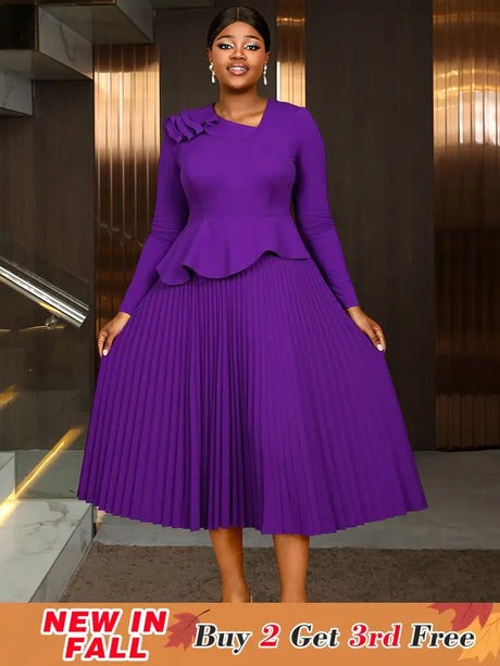 AOMEIDRESS Elegant Pleated Peplum Long Sleeve Dress For Office Church DarkPurple / S