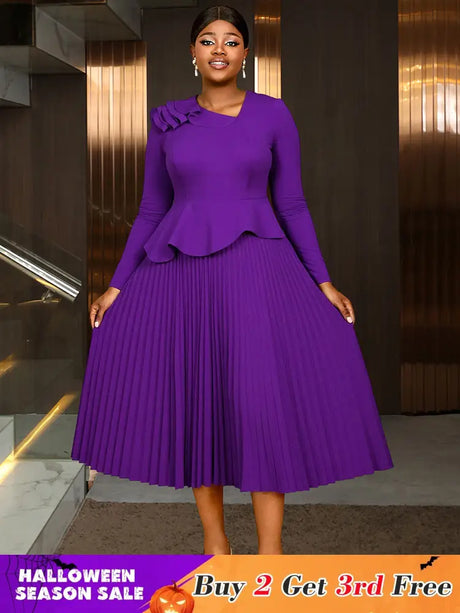 AOMEIDRESS Elegant Pleated Peplum Long Sleeve Dress For Office Church DarkPurple / S