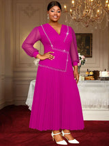 AOMEIDRESS Elegant Pleated Tassel Dress For Evening Long Sheer Sleeve