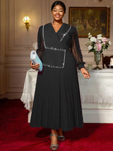 AOMEIDRESS Elegant Pleated Tassel Dress For Evening Long Sheer Sleeve Black / S