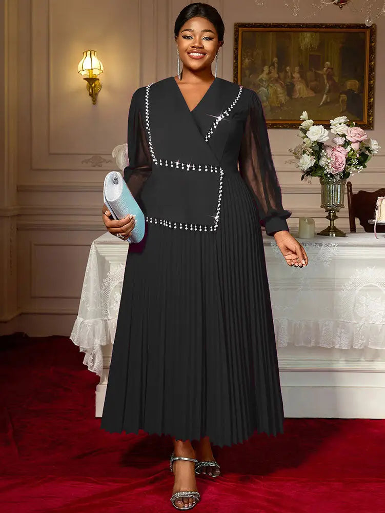 AOMEIDRESS Elegant Pleated Tassel Dress For Evening Long Sheer Sleeve Black / S