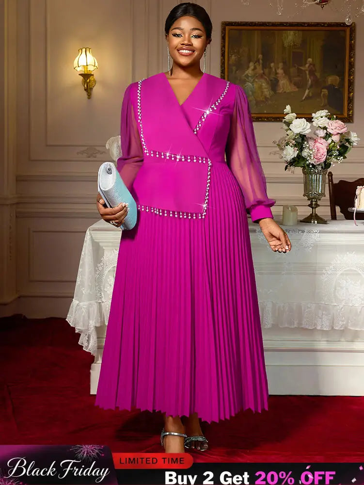 AOMEIDRESS Elegant Pleated Tassel Dress For Evening Long Sheer Sleeve Rose / S