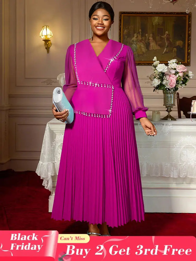 AOMEIDRESS Elegant Pleated Tassel Dress For Evening Long Sheer Sleeve Rose / S