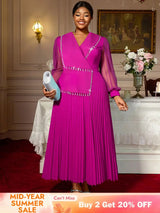 AOMEIDRESS Elegant Pleated Tassel Dress For Evening Long Sheer Sleeve Rose / S