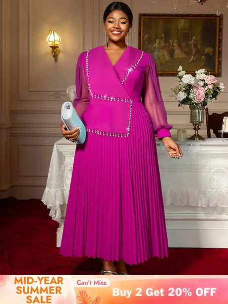 AOMEIDRESS Elegant Pleated Tassel Dress For Evening Long Sheer Sleeve Rose / S