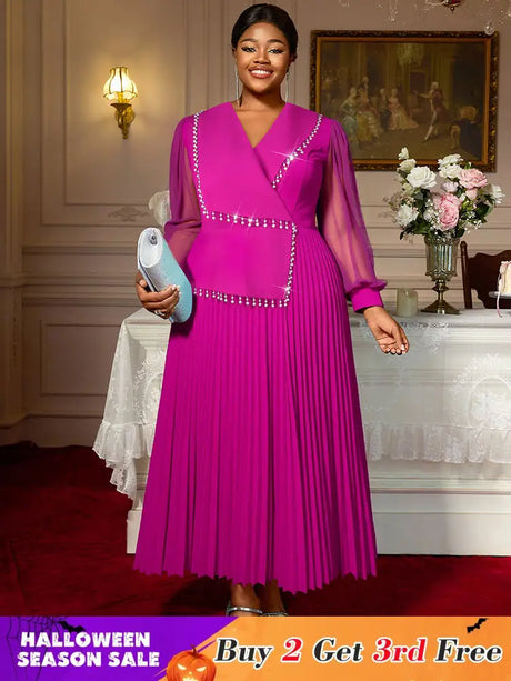 AOMEIDRESS Elegant Pleated Tassel Dress For Evening Long Sheer Sleeve Rose / S