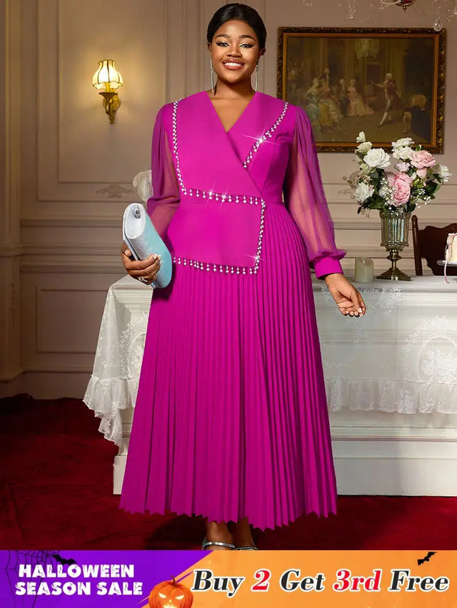 AOMEIDRESS Elegant Pleated Tassel Dress For Evening Long Sheer Sleeve Rose / S