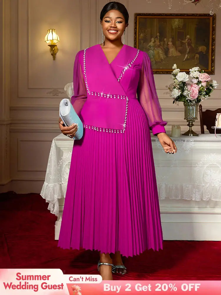 AOMEIDRESS Elegant Pleated Tassel Dress For Evening Long Sheer Sleeve Rose / S