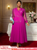 AOMEIDRESS Elegant Pleated Tassel Dress For Evening Long Sheer Sleeve Rose / S