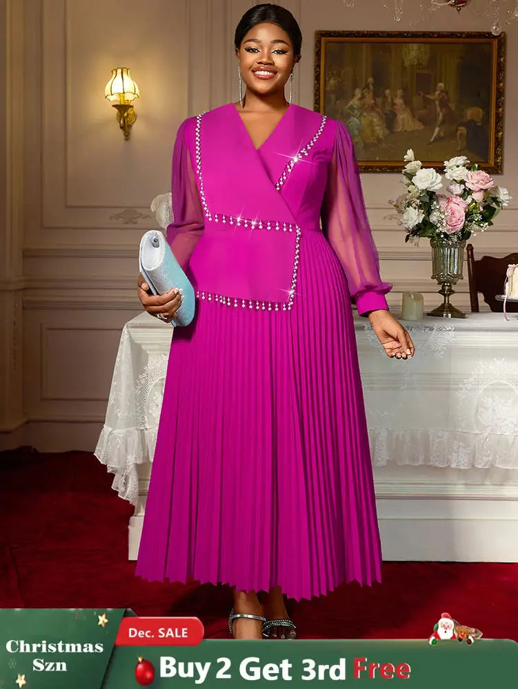 AOMEIDRESS Elegant Pleated Tassel Dress For Evening Long Sheer Sleeve Rose / S