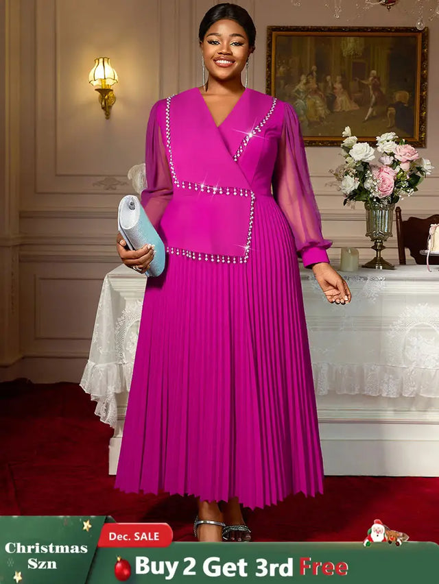 AOMEIDRESS Elegant Pleated Tassel Dress For Evening Long Sheer Sleeve Rose / S