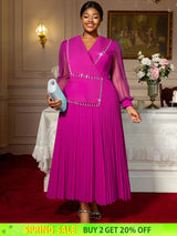 AOMEIDRESS Elegant Pleated Tassel Dress For Evening Long Sheer Sleeve Rose / S