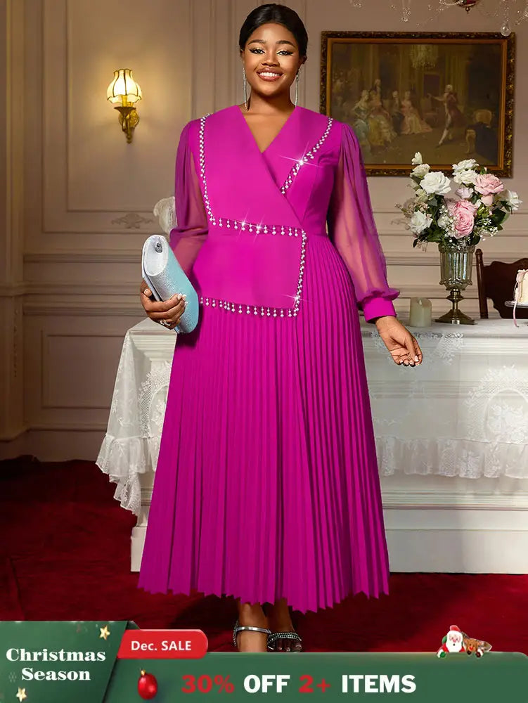 AOMEIDRESS Elegant Pleated Tassel Dress For Evening Long Sheer Sleeve Rose / S