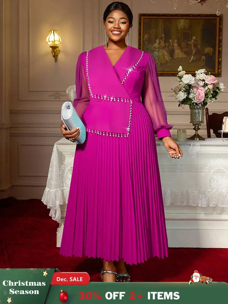 AOMEIDRESS Elegant Pleated Tassel Dress For Evening Long Sheer Sleeve Rose / S