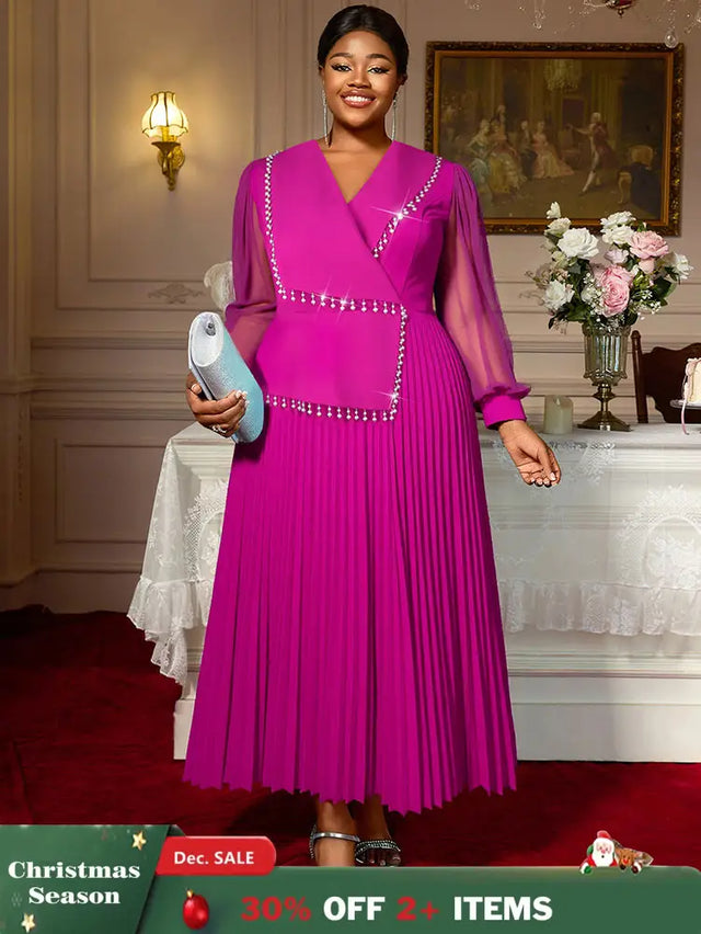 AOMEIDRESS Elegant Pleated Tassel Dress For Evening Long Sheer Sleeve Rose / S