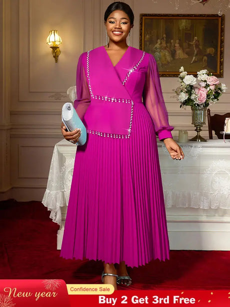 AOMEIDRESS Elegant Pleated Tassel Dress For Evening Long Sheer Sleeve Rose / S