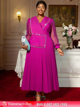 AOMEIDRESS Elegant Pleated Tassel Dress For Evening Long Sheer Sleeve Rose / S