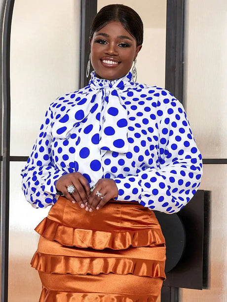 AOMEIDRESS Elegant Polka Dot Blouse for Women Formal Tops Blue / S