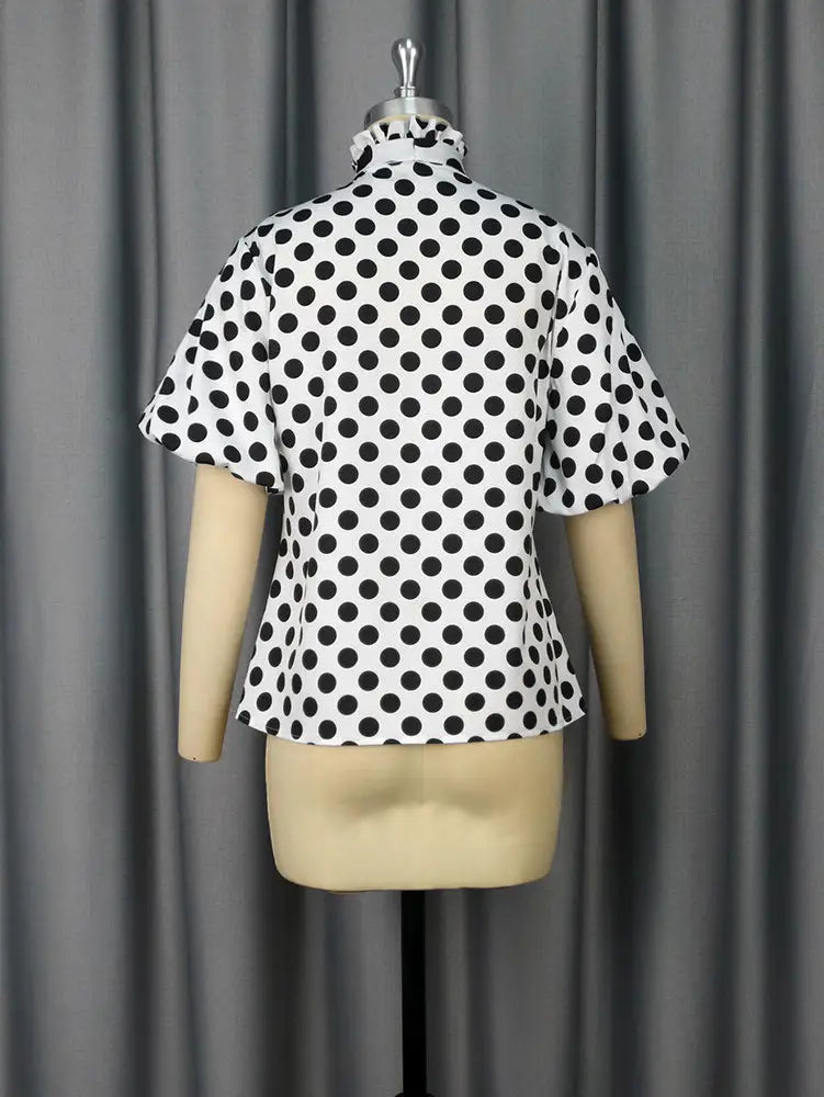 AOMEIDRESS Elegant Polka Dot Causal Blouse Bow Neck Short Sleeves