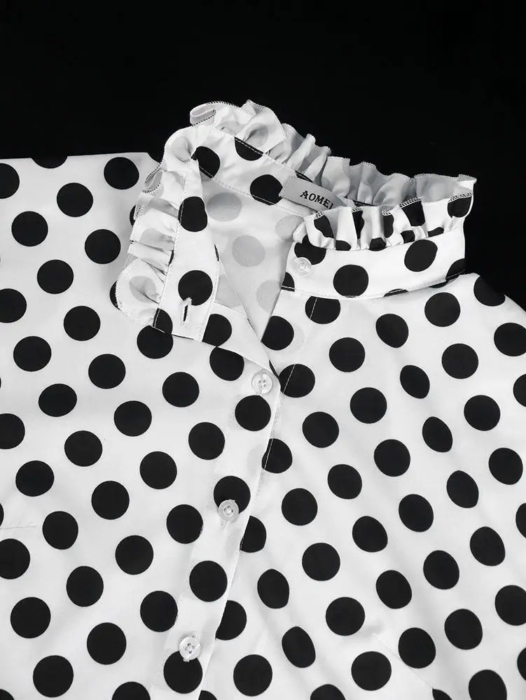 AOMEIDRESS Elegant Polka Dot Causal Blouse Bow Neck Short Sleeves