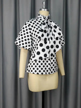AOMEIDRESS Elegant Polka Dot Causal Blouse Bow Neck Short Sleeves